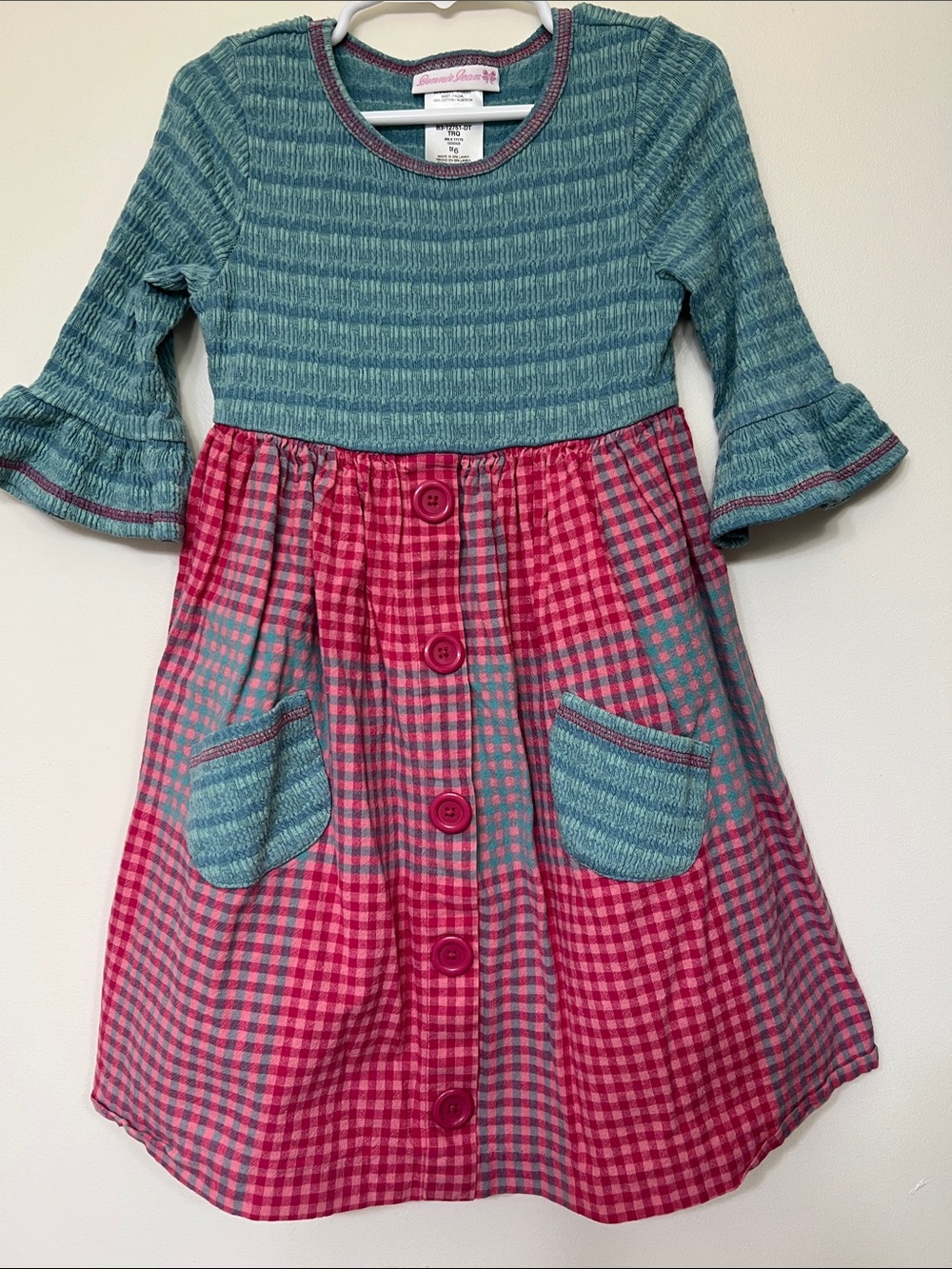 Bonnie Jean Teal and Pink Button-Front Knit-Plaid Dress